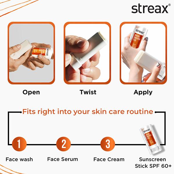 Streax Sunscreen Stick SPF 60 PA++++, UV Care Hyaluronic Acid & Ceramides Serum complex 20 g - Face Sunscreen