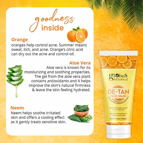Globus Naturals De Tan Face Wash, Enriched with Neem & Aloe Vera, Tan Removal, 100gm each 2's - Face Wash & Cleansers