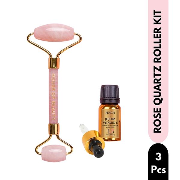 House of Beauty Rose Quartz Roller Kit For Toning, Tightening, Depuffing Face & Undereyes (3Pcs) 1's - Face Oils