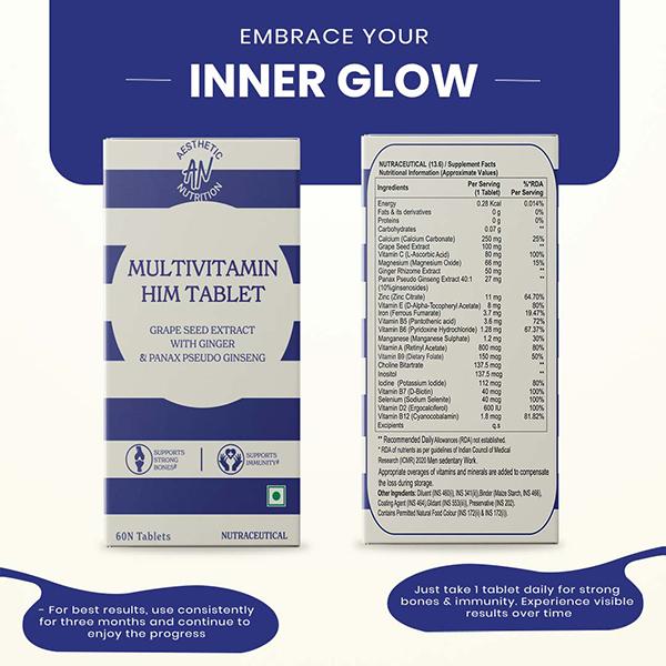Aesthetic Nutrition Multivitamin Him With Grape Seed Extract, Ginger, And Panax Pseudo Ginseng For Energy, Vitality 60 Tablets 1's - Multi-Vitamins