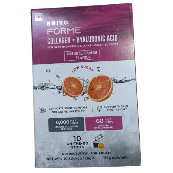 Netmeds | Briyo Forme Collagen + Hyaluronic Acid Structural Support Drink Mix Sugar Free Sachets - Orange Flavour (Pack of 10 x 11.6 g)