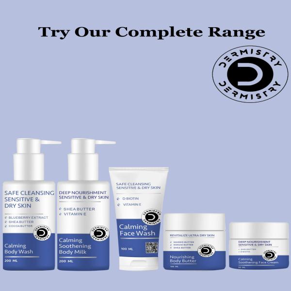 Dermistry Sensitive & Dry Skin Calming Soothening Body Milk Lotion 200 ml + Safe Cleansing Sensitive & Dry Skin Calming Face Wash 100 ml - Face Wash & Cleansers