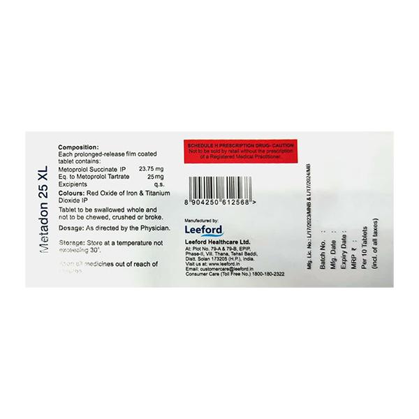 METADON XL 25 Tablet 10's - Hypertension-Bet