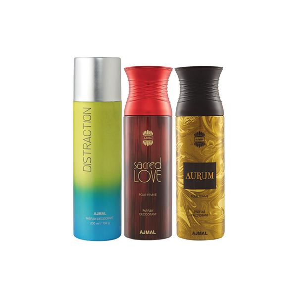 Ajmal 1 Distraction,1 Sacred Love And 1 Aurum Femme Deodorants Pack of 3 200 ml - Deodorants/Roll-Ons