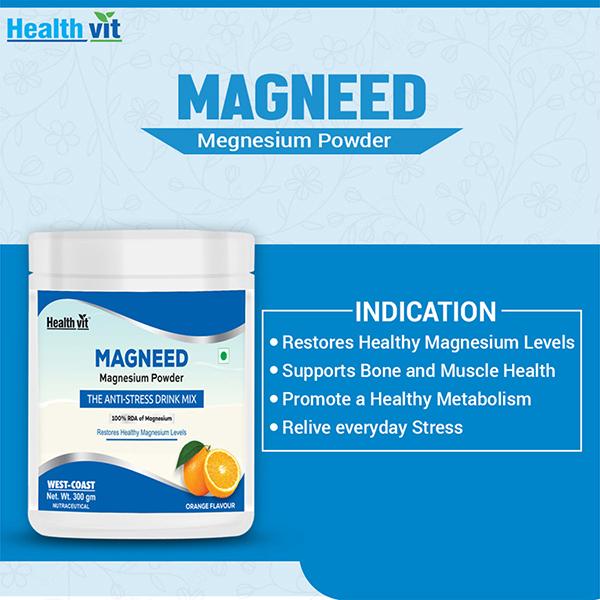 Healthvit Magneed Magnesium Powder - Orange Flavour 300 gm - Calcium And Minerals