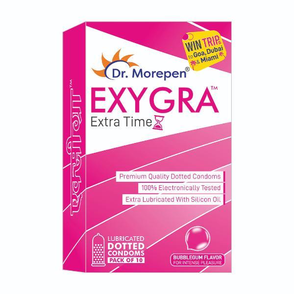 Netmeds | Dr. Morepen Exygra Longlast Lubricated Dotted Condoms - Bubblegum Flavour 10's