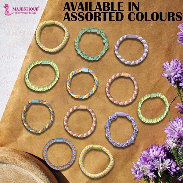 Majestique Printed Stretchable Braided Hair Tie Rubber Bands Ponytail Holder Scrunchies 12's - Hair Clips/Bands