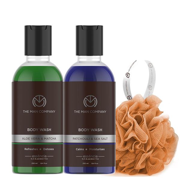 The Man Company Body Wash with Patchouli & Sea Salt Aloe Vera & Matcha SLS & Paraben Free 250ml x 2 (With Free 2 Complementary Loofah) 940 ml - Shower Gels & Body Wash