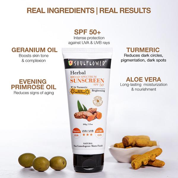 Soulflower Herbal Broad Spectrum SUNSCREEN SPF 50+ with Turmeric - SPF 50+ PA+++ 100 gm - Face Sunscreen