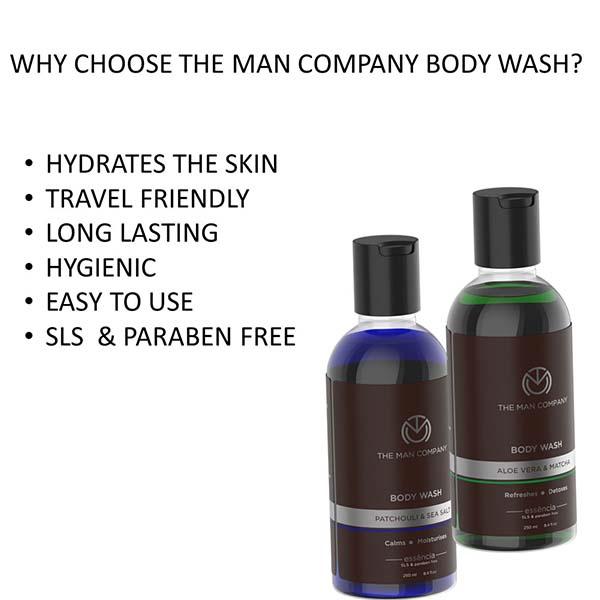 The Man Company Body Wash with Patchouli & Sea Salt Aloe Vera & Matcha SLS & Paraben Free 250ml x 2 (With Free 2 Complementary Loofah) 940 ml - Shower Gels & Body Wash