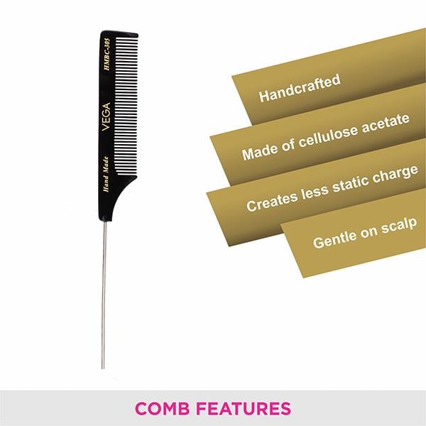 Vega Tail Hair Comb with Steel Pin for Women, Black, (VC2HMBC-305) 2's - Hair Combs