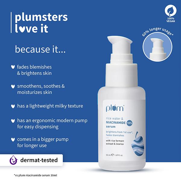 Plum Rice Water & 10% Niacinamide Face Serum - Brightens from 1st Use, Dermat-Tested 50 ml - Face Serum