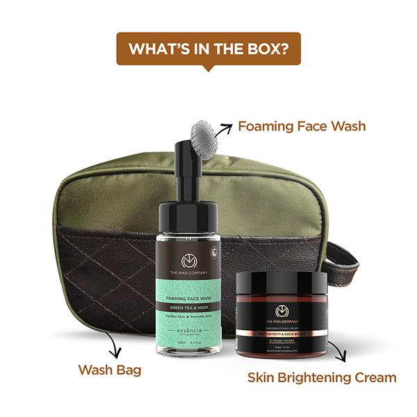 The Man Company Daily Care Combo with Green Tea Foaming Face Wash, Skin Brightening Cream, & Wash Bag 800 ml - Facial Kits