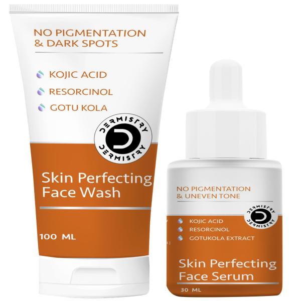 Netmeds | Dermistry No Pigmentation & Dark Spots Kojic Acid Skin Perfecting Face Wash 100 ml + No Pigmentation Kojic Acid Skin Perfecting Face Serum 30 ml