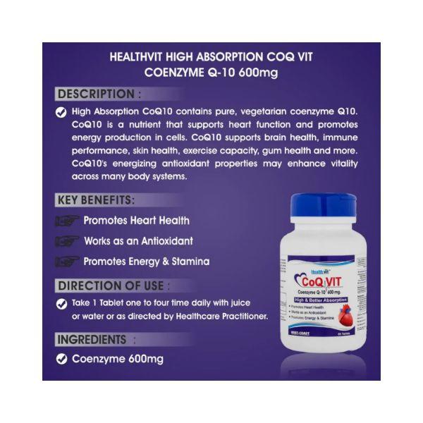 Healthvit High Absorption CoQ Vit Coenzyme Q-10 - 600 mg-Capsules 60's - General Health