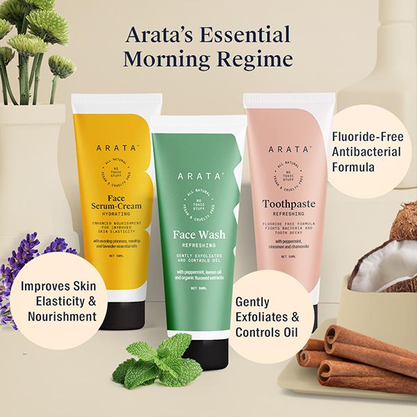 Arata Essential Morning Regime (Facewash, Face Cream & Toothpaste) 50ml each - Face Serum