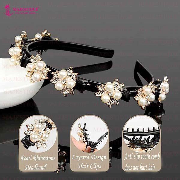 Majestique Stylish Braided Double Layer Twist Plait Plastic Headband with Elegant Flower 1's - Hair Clips/Bands