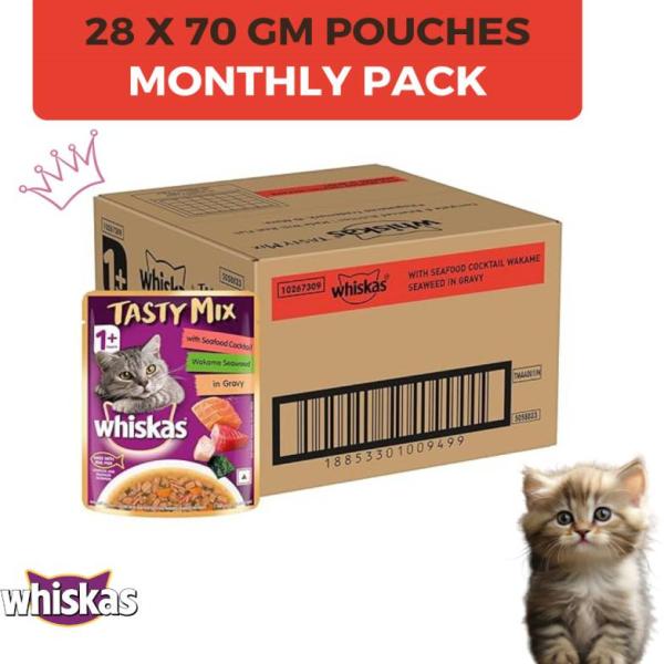 Netmeds | Whiskas Tasty Mix Seafood Cocktail Wakame Seaweed in Gravy (Pack of 28 x 70 g) 1960 g