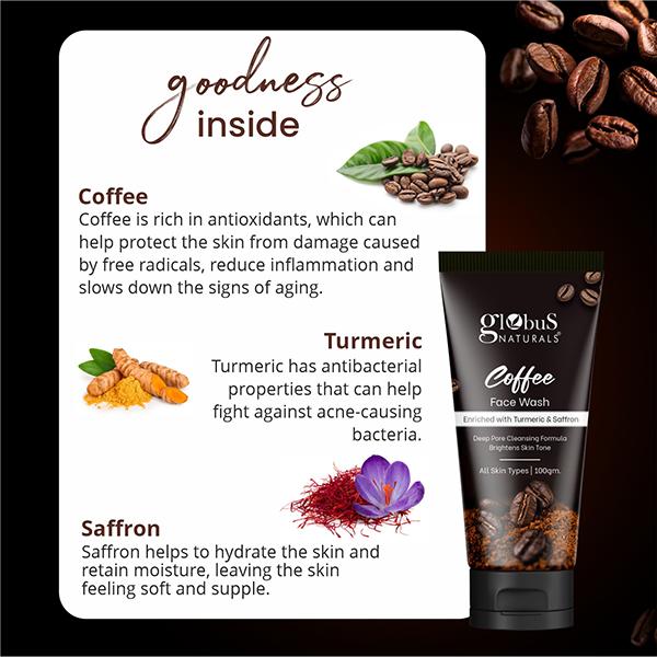 Globus Naturals Coffee Face Wash Enriched with Turmeric & Saffron, Deep Pore Cleansing 100 gm - Face Wash & Cleansers