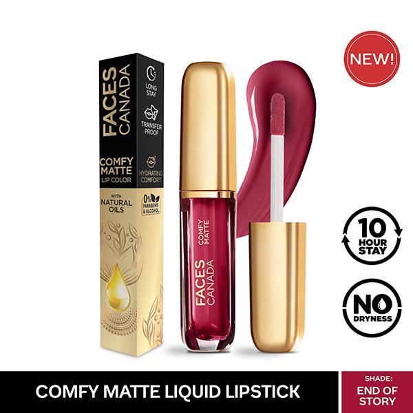 Faces Canada Comfy Matte Lip Color - End Of Story 03, 10Hr Long Stay with Comfort Almond Oil 3 ml - Lipsticks