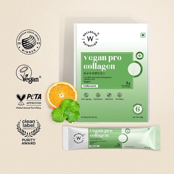 Wellbeing Nutrition Vegan Pro Collagen, Clinically Proven Peptides Gotu kola, Ginseng, Vitamin C & E - Unflavored 6 Sachets 48 gm - Multi-Vitamins