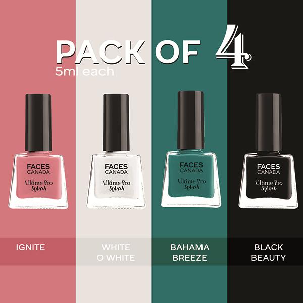 Faces Canada Ultime Pro Splash Mini Nail Enamel, Black Beauty + White O White + Bahama Breeze + Ignite, 20ml 1's - Nail Polish