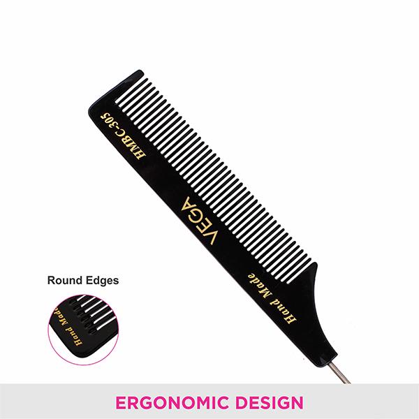 Vega Tail Hair Comb with Steel Pin for Women, Black, (VC2HMBC-305) 2's - Hair Combs