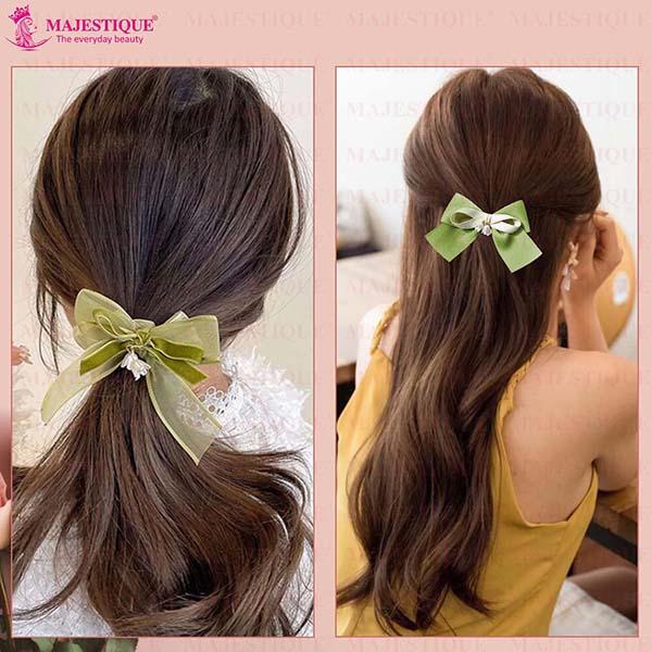 Majestique Satin Silk Layered Hair Bow Embellished Clip And Hair Scrunchies Combo For Women Girls - Green 2's - Hair Clips/Bands