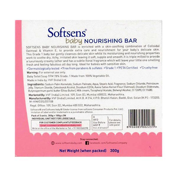 Softsens Baby Nourishing Bar with Colloidal Oat Meal and Vitamin E (Pack Of 3 x 100 g) - Bathing Essentials