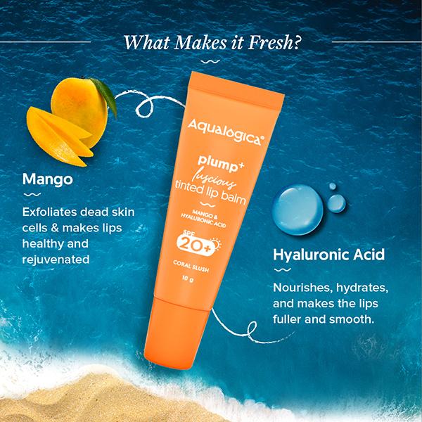 Aqualogica Coral Slush Plump + Luscious Tinted Lip Balm With Mango And Hyaluronic Acid 10 gm - Lip Balms