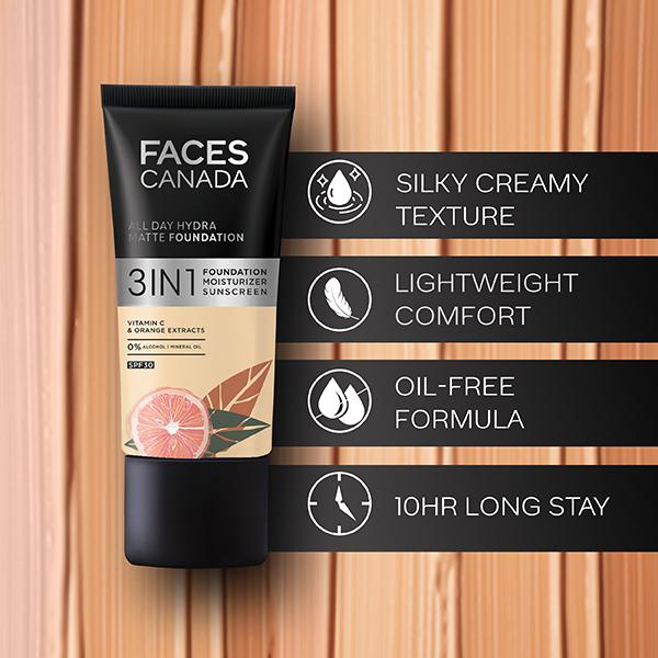 Faces Canada All Day Hydra Matte Foundation 3-In-1 Foundation + Moisturizer + SPF 30 Aloe and Vitamin C Medium Natural 022 25ml - Foundation