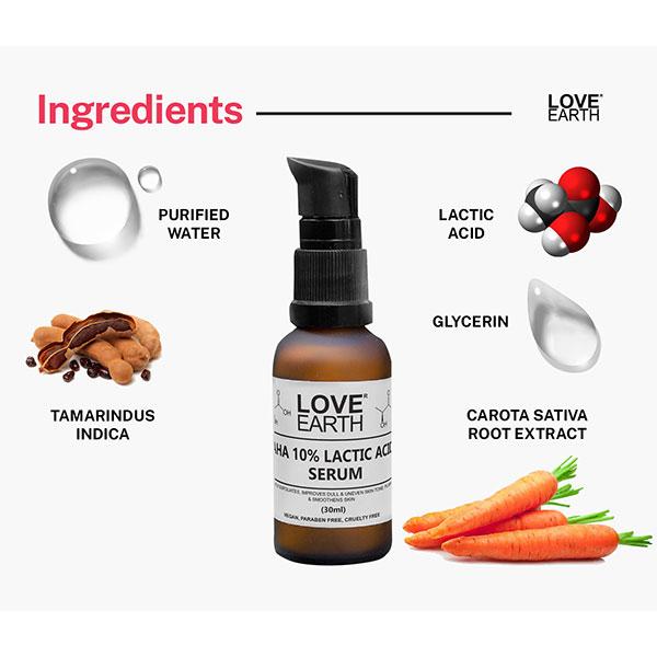Love Earth AHA 10% Lactic Acid Serum With Organic Carrot Root & Hyaluronic Acid 30 ml - Face Moisturizers