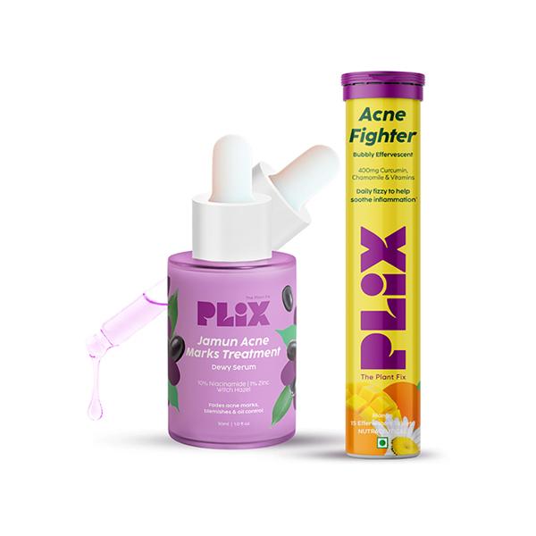 Netmeds | Plix The Plant Fix Acne Fighter 15 Effervescent Tablets 500Mg, And Face Serum Combo For Unisex 30 ml