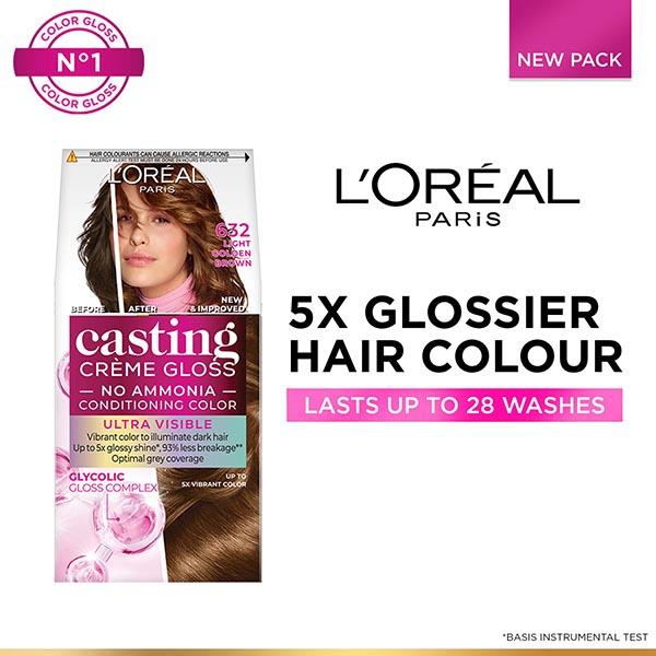 L'Oreal Paris Casting Creme Gloss Ultra Visible Hair Color with No Ammonia, Light Golden Brown 632 160gm - Crème