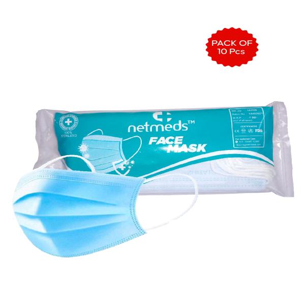 Netmeds | Netmeds 3 Ply Face Mask with Nose Pin 10's