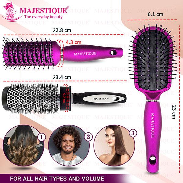 Majestique Detangling, Vent and Blow Dry Brushes, Soft Nylon Bristles -Multicolor 3's - Hair Brushes