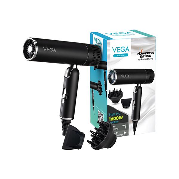 Netmeds | Vega Style Pro 1600W Hair Dryer for Men and Women with 2X Faster Drying, 2 Attachment (VHDH-34) 549 gm