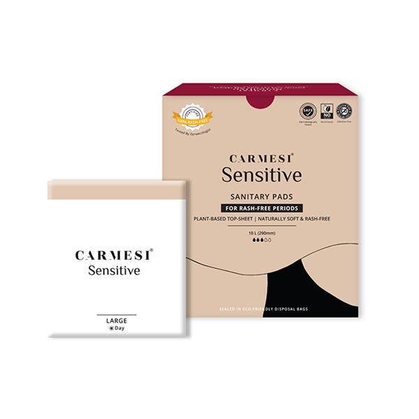 Netmeds | Carmesi Sensitive Sanitary Pads L Certified 100 Percent Rash-Free with Disposal Bags 10's