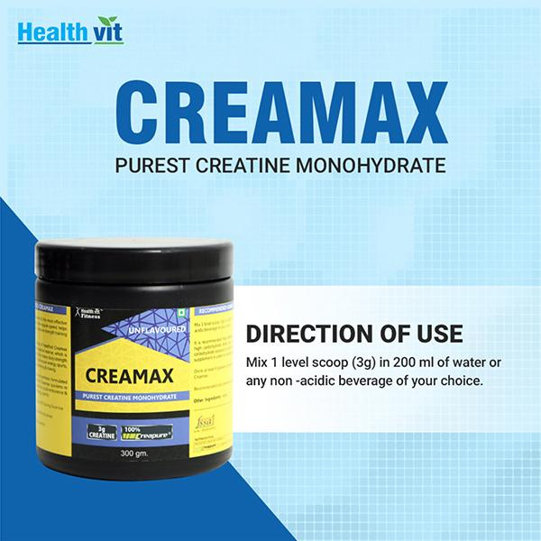 Healthvit Fitness Creamax Creatine Monohydrate Powder - Unflavored 300 gm - Workout Essentials
