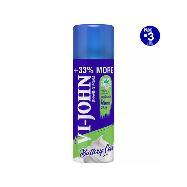 Netmeds | VI-JOHN Shaving Foam for Sensitive Skin with Vitmin E and Anti-Bacterial 400ml Each -Shaving Foam for Men 3's