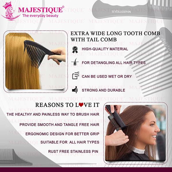 Majestique Extra Wide Comb for Styling and Grooming with Tail comb, Detangle Without Breakage 1's - Hair Combs