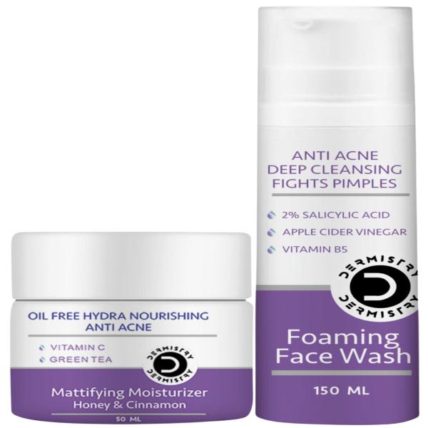 Netmeds | Dermistry Anti Acne 2% Salicylic Acid Foaming Face Wash 150 ml + Oil Free Hydra Nourshing Anti Acne Mattifying Moisturizer Honey and Cinnamon 50 ml