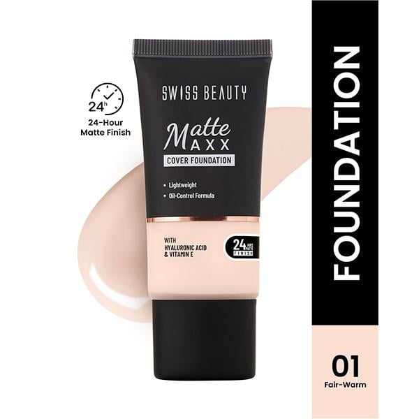 Netmeds | Swiss Beauty Matte Maxx Cover Foundation, 24- Hour Stay, with Hyaluronic Acid & Vitamin E, Oil-Control Formula 1 - Fair Warm 30 gm