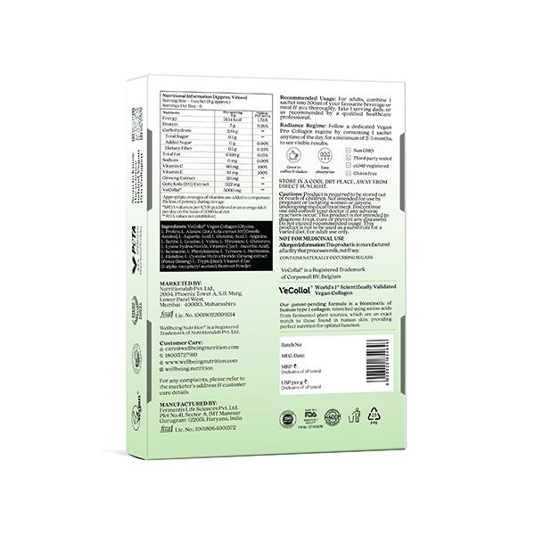 Wellbeing Nutrition Vegan Pro Collagen, Clinically Proven Peptides Gotu kola, Ginseng, Vitamin C & E - Unflavored 6 Sachets 48 gm - Multi-Vitamins