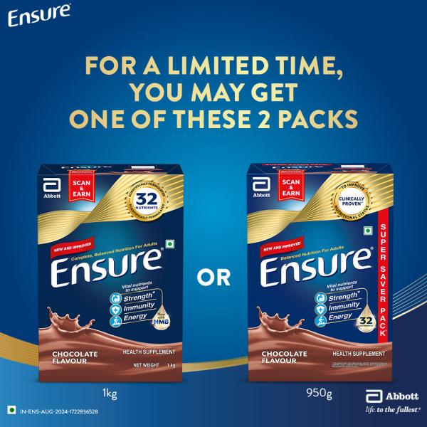 Ensure Nutritional Powder - Chocolate Flavour 950 g (Refill Pack) - Daily Health Drinks
