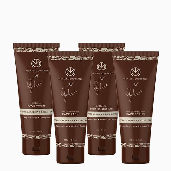 Netmeds | The Man Company Caffeine Grooming Kit (Caffeine Face Wash-100ml, Caffeine Face Scrub -100ml, Caffeine Face Pack - 100g, Caffeine Face Moisturizer -50g) 1's