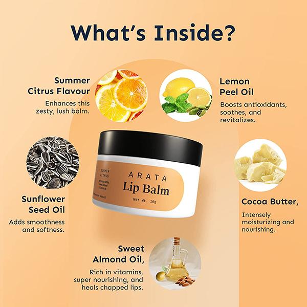 Arata Summer Citrus Lip Balm for Dry, Lips Cocoa Butter, Sweet Almond 10gm - Lip Balms
