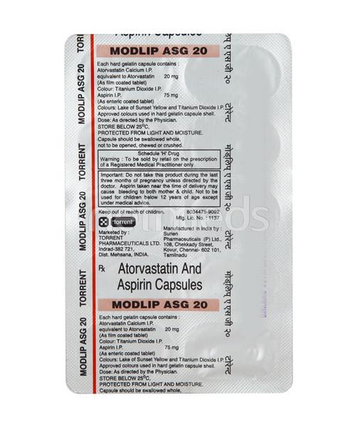 Modlip Asg 20mg Capsule 10'S - High Cholesterol-Dys