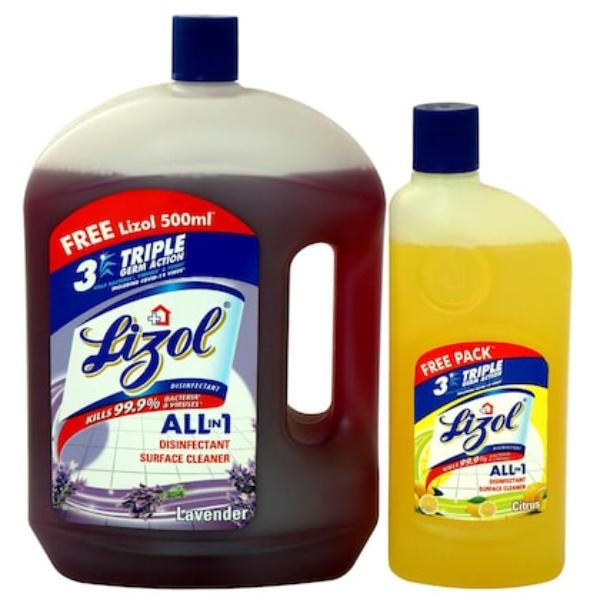 Netmeds | Lizol Disinfectant Surface & Floor Cleaner Liquid - Lavender 2 litre + FREE Lizol Disinfectant Surface & Floor Cleaner Liquid - Citrus 500 ml