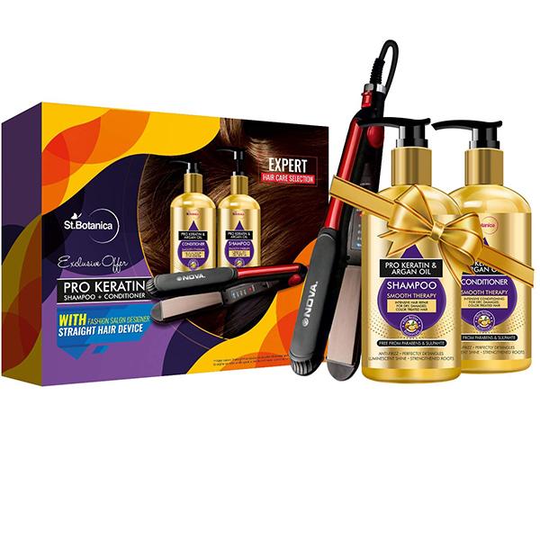 Stbotanica Pro Keratin Argan Shampoo & Conditioner Combo Pack + Nova Hair Straightener - Exclusive Offer 600 ml - Shampoos